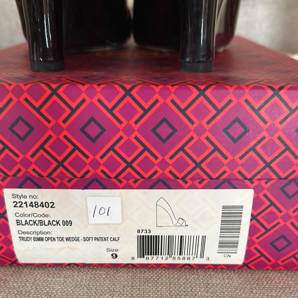 Tory Burch Black Peep-Toe Wedges with Gold Charm - Picture 4 of 8